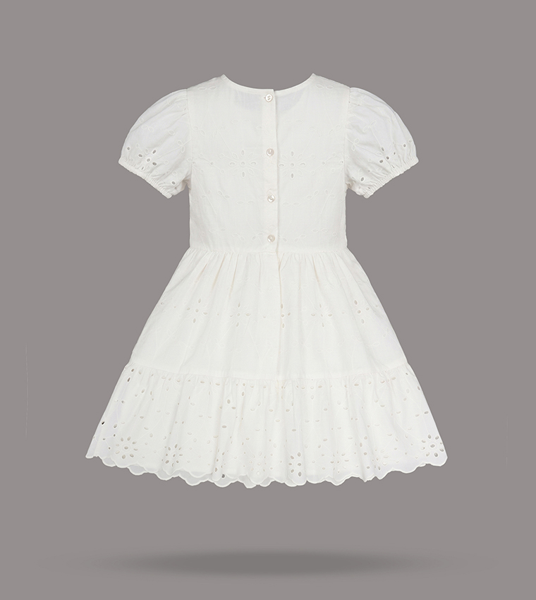 Openwork Puff Sleeves Tiered Mini Dress