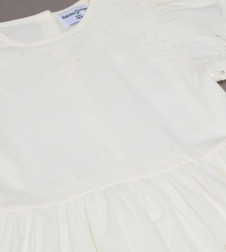 Openwork Puff Sleeves Tiered Mini Dress