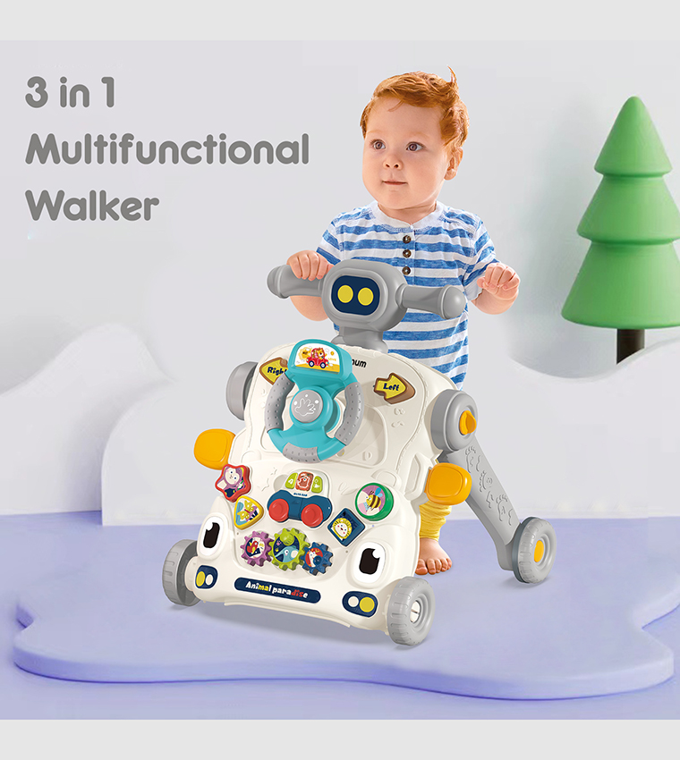 3-in-1 Baby Walker, Learning Table Mode and Game Panel Mode with Musical Keyboard - Grey