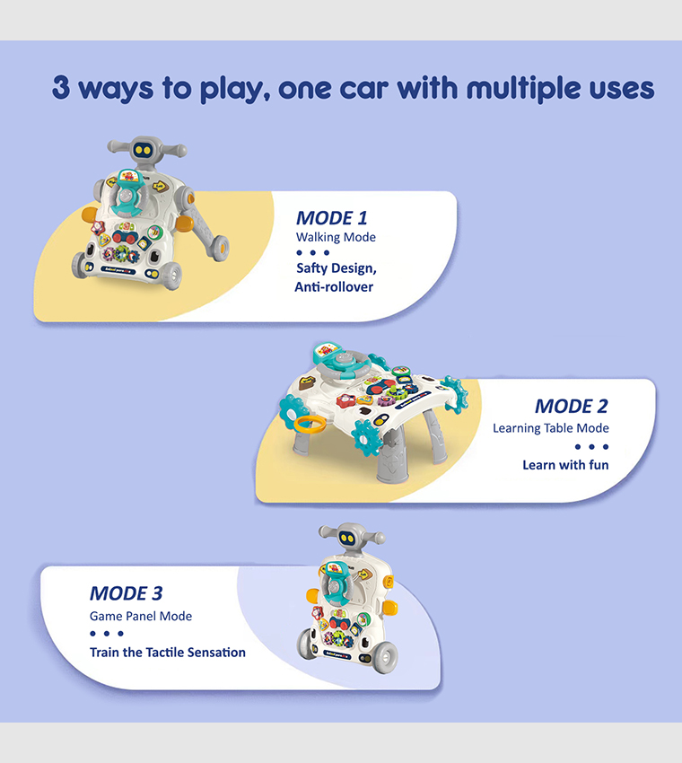 3-in-1 Baby Walker, Learning Table Mode and Game Panel Mode with Musical Keyboard - Grey