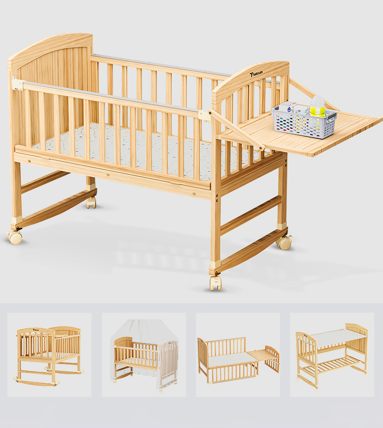 سرير أطفال قابل للتحويل 7 في 1 وسرير جانبي مع مرتبة - خشب طبيعي