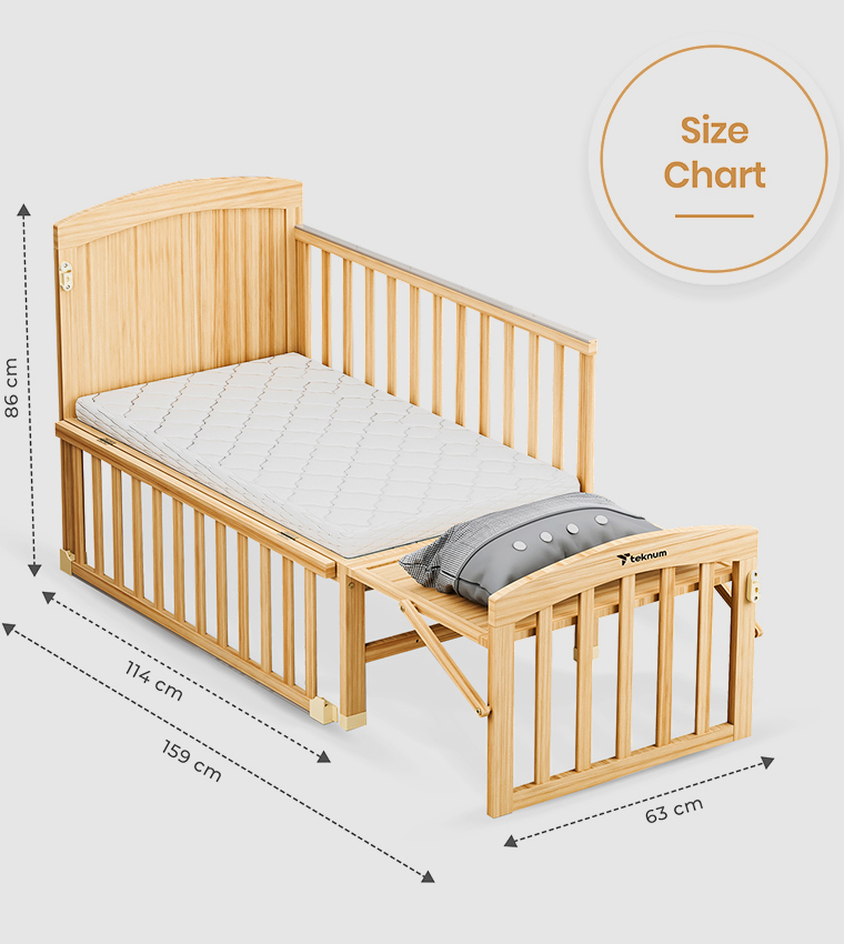 سرير أطفال قابل للتحويل 7 في 1 وسرير جانبي مع مرتبة - خشب طبيعي