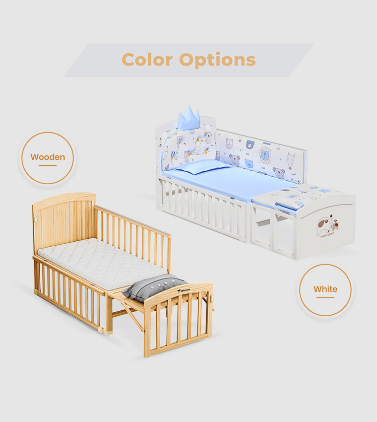 سرير أطفال قابل للتحويل 7 في 1 وسرير جانبي مع مرتبة - خشب طبيعي