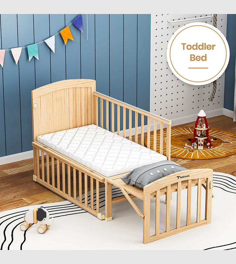 سرير أطفال قابل للتحويل 7 في 1 وسرير جانبي مع مرتبة - خشب طبيعي