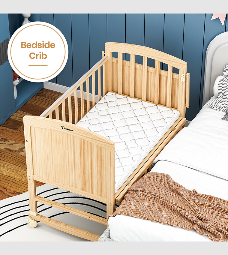 سرير أطفال قابل للتحويل 7 في 1 وسرير جانبي مع مرتبة - خشب طبيعي