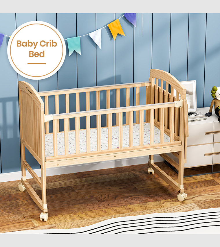 سرير أطفال قابل للتحويل 7 في 1 وسرير جانبي مع مرتبة - خشب طبيعي