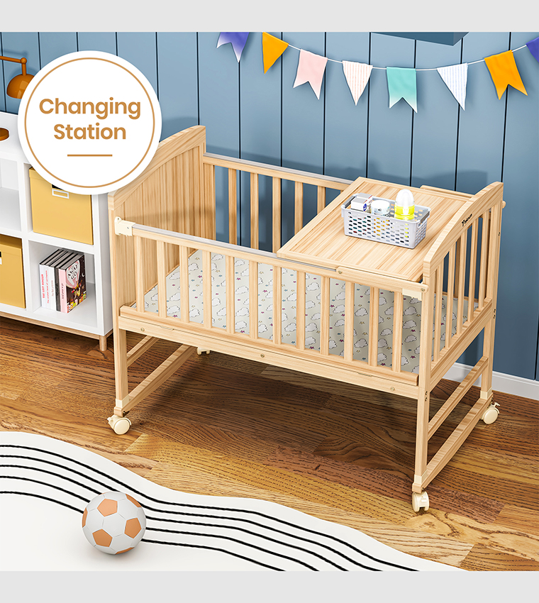 سرير أطفال قابل للتحويل 7 في 1 وسرير جانبي مع مرتبة - خشب طبيعي
