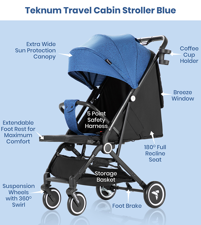Teknum Travel Cabin Stroller with  Coffee Cup Holder - Blue