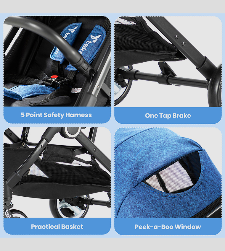 Teknum Travel Cabin Stroller with  Coffee Cup Holder - Blue