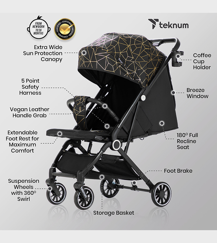 TEKNUM TravelZen Stroller with  Coffee Cup Holder - Black Gold