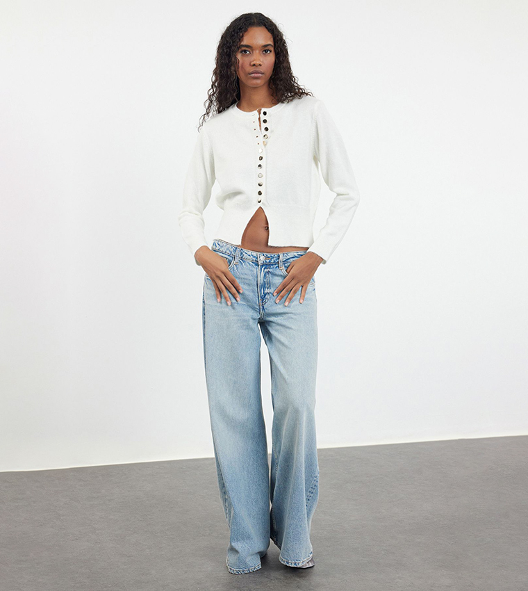 Button Detail Slit Cardigan