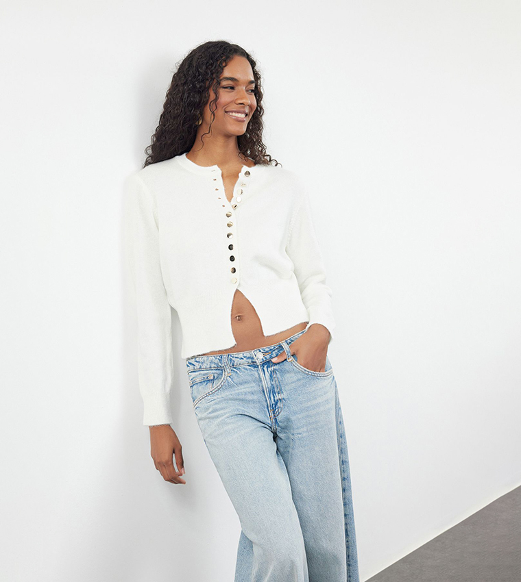 Button Detail Slit Cardigan