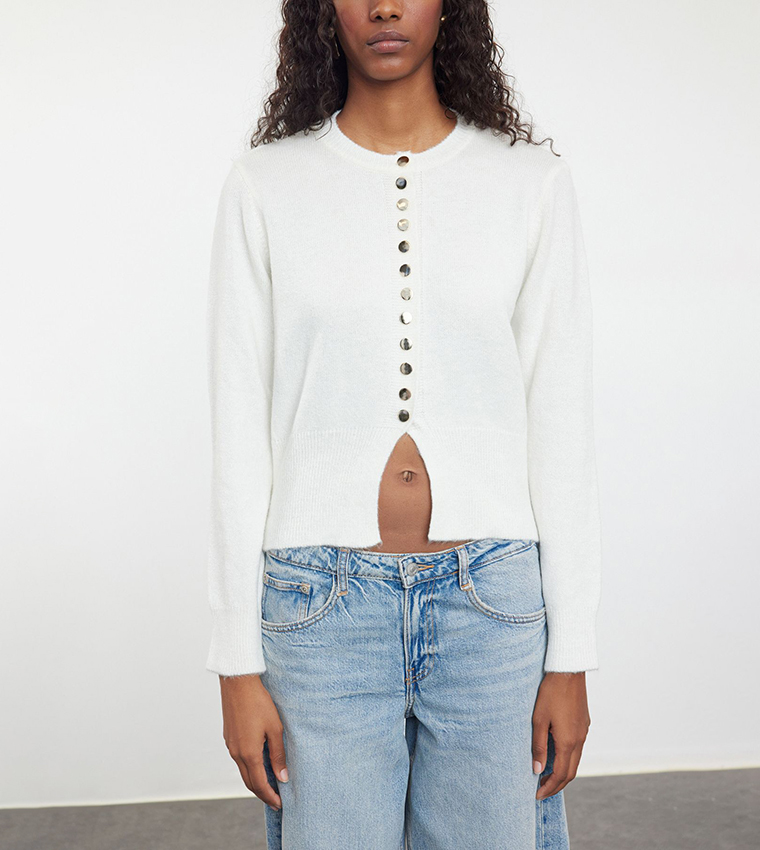 Button Detail Slit Cardigan