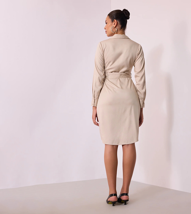 Solid Belted Long Sleeves Mini Dress