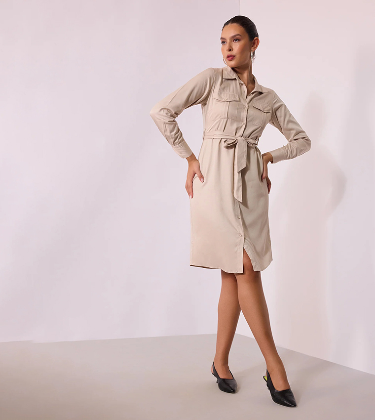 Solid Belted Long Sleeves Mini Dress