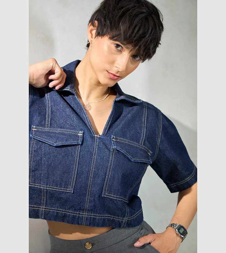 Solid Cotton Denim Short Sleeves Crop Shirt