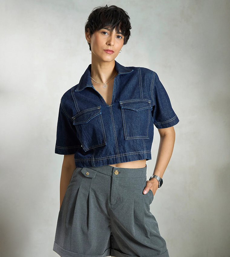 Solid Cotton Denim Short Sleeves Crop Shirt