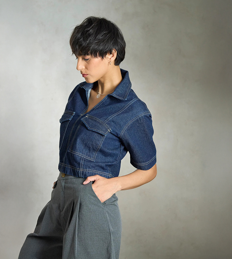 Solid Cotton Denim Short Sleeves Crop Shirt