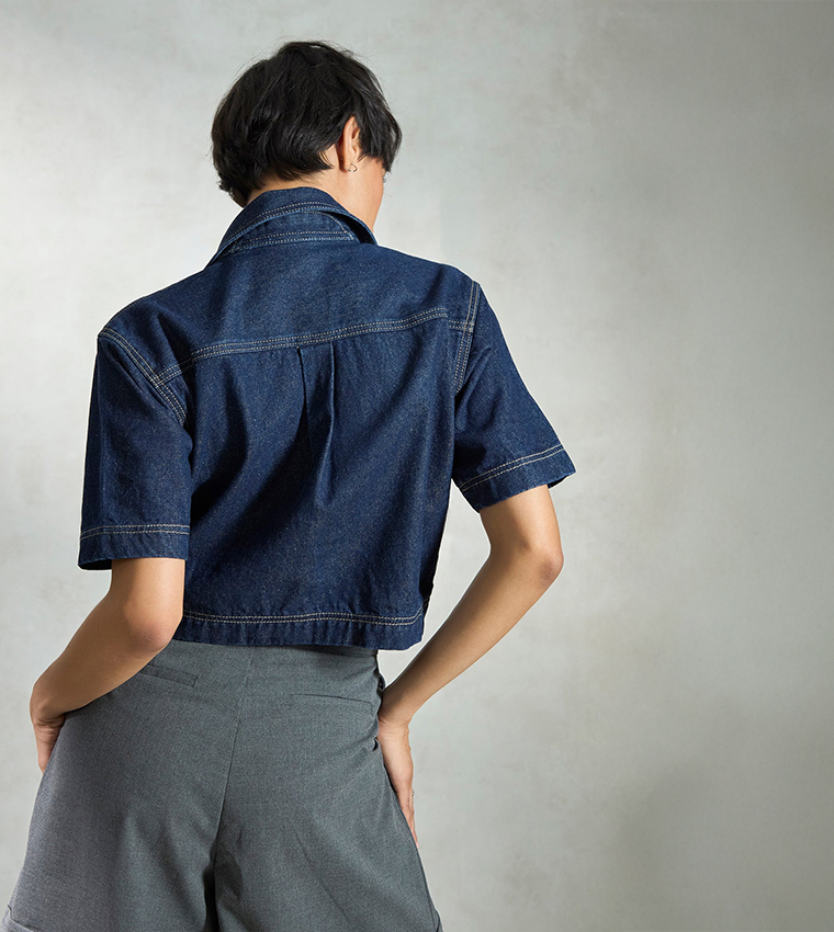 Solid Cotton Denim Short Sleeves Crop Shirt