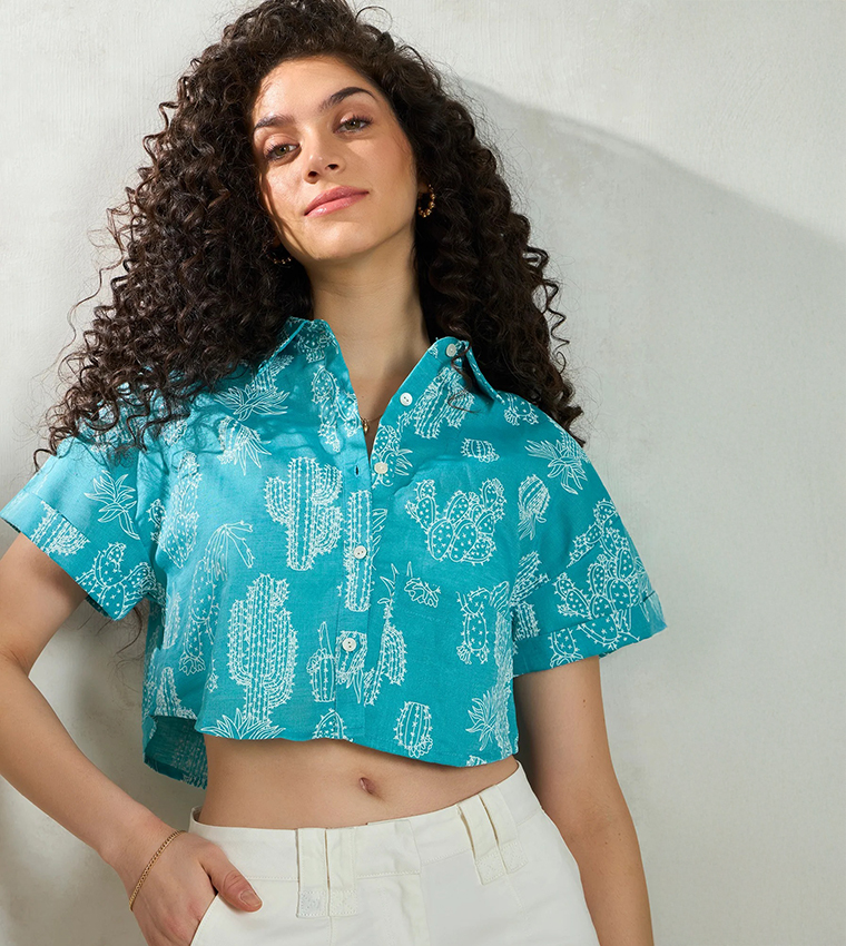 Printed Linen Boxy Fit Crop Shirt