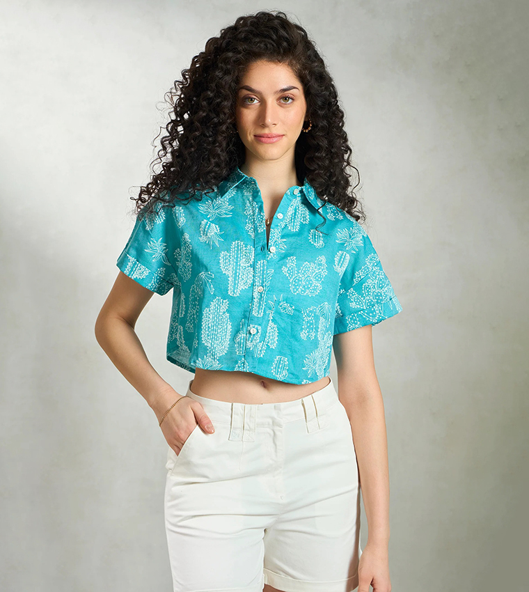 Printed Linen Boxy Fit Crop Shirt