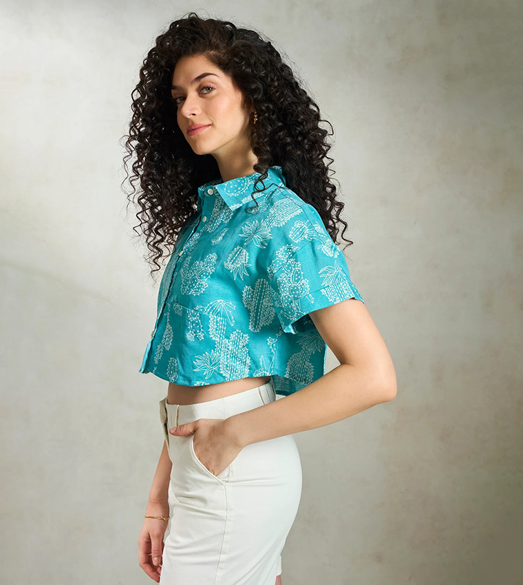 Printed Linen Boxy Fit Crop Shirt