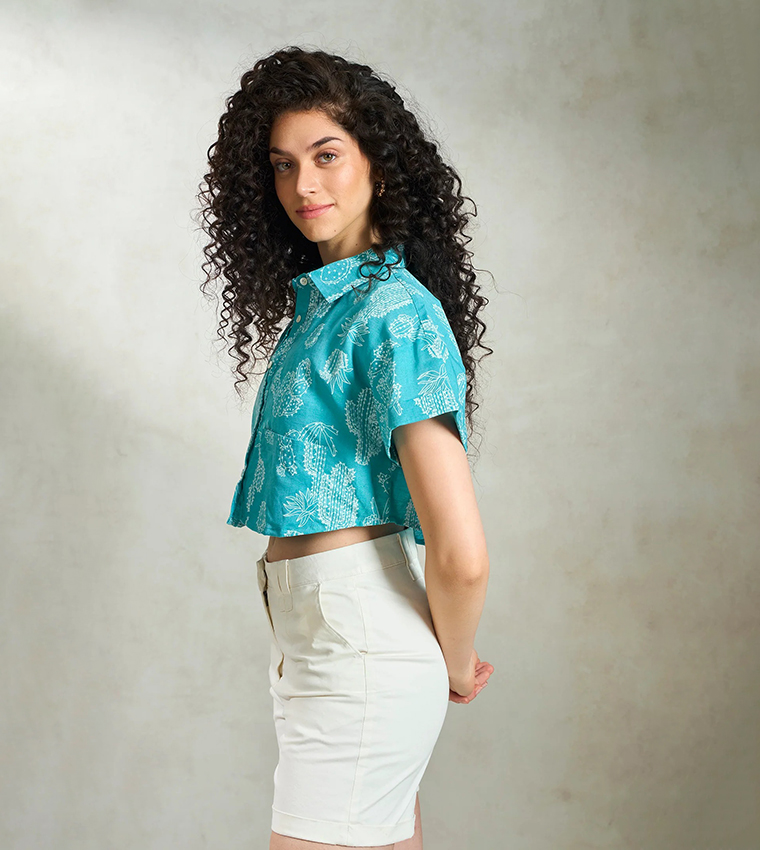 Printed Linen Boxy Fit Crop Shirt