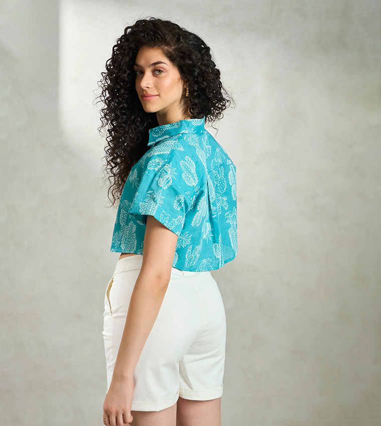 Printed Linen Boxy Fit Crop Shirt