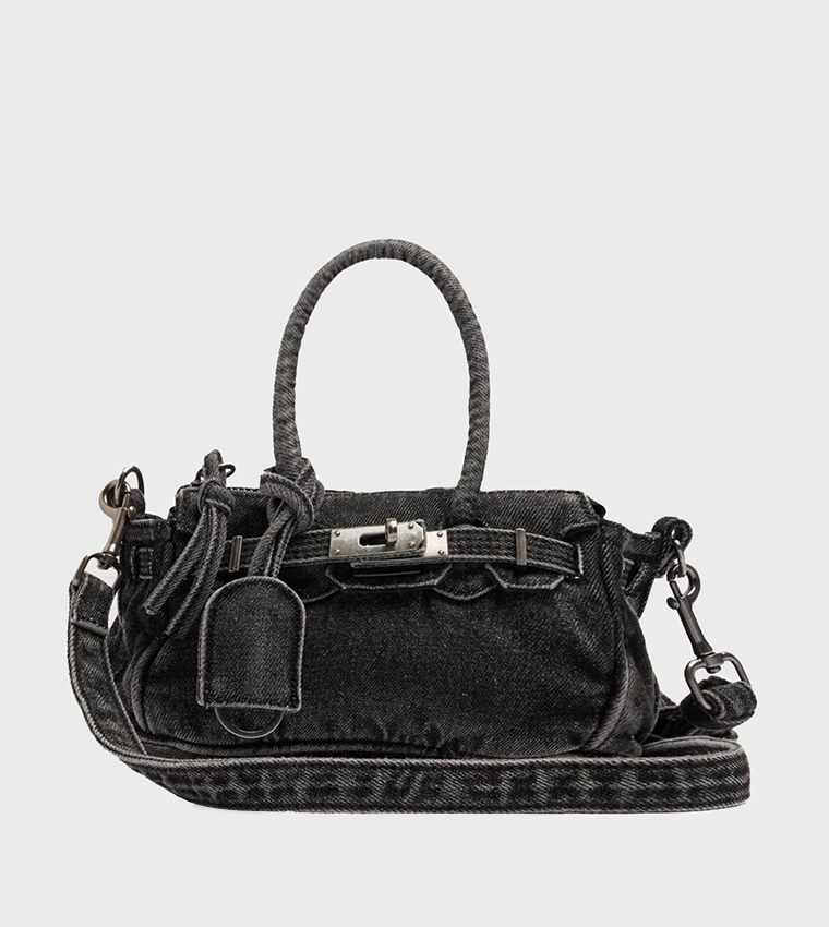 Washed Push Lock Denim Handheld Bag