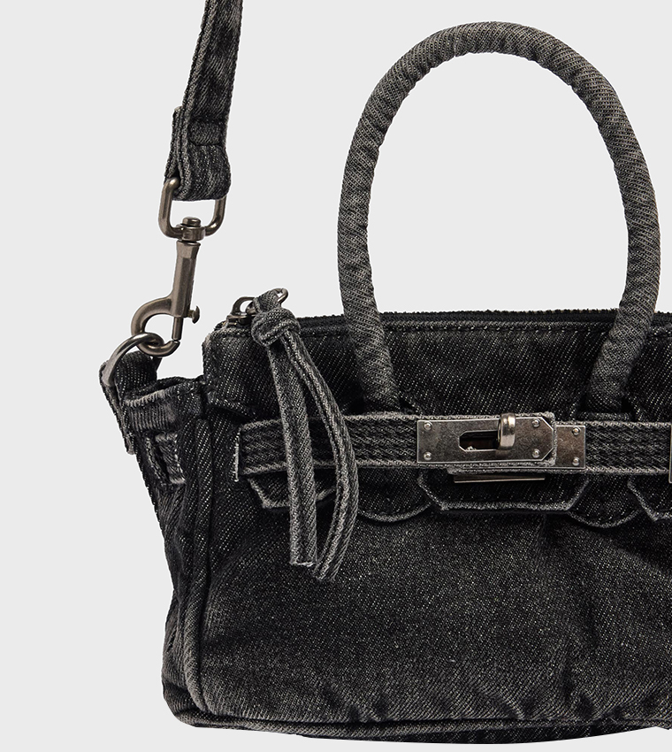 Washed Push Lock Denim Handheld Bag