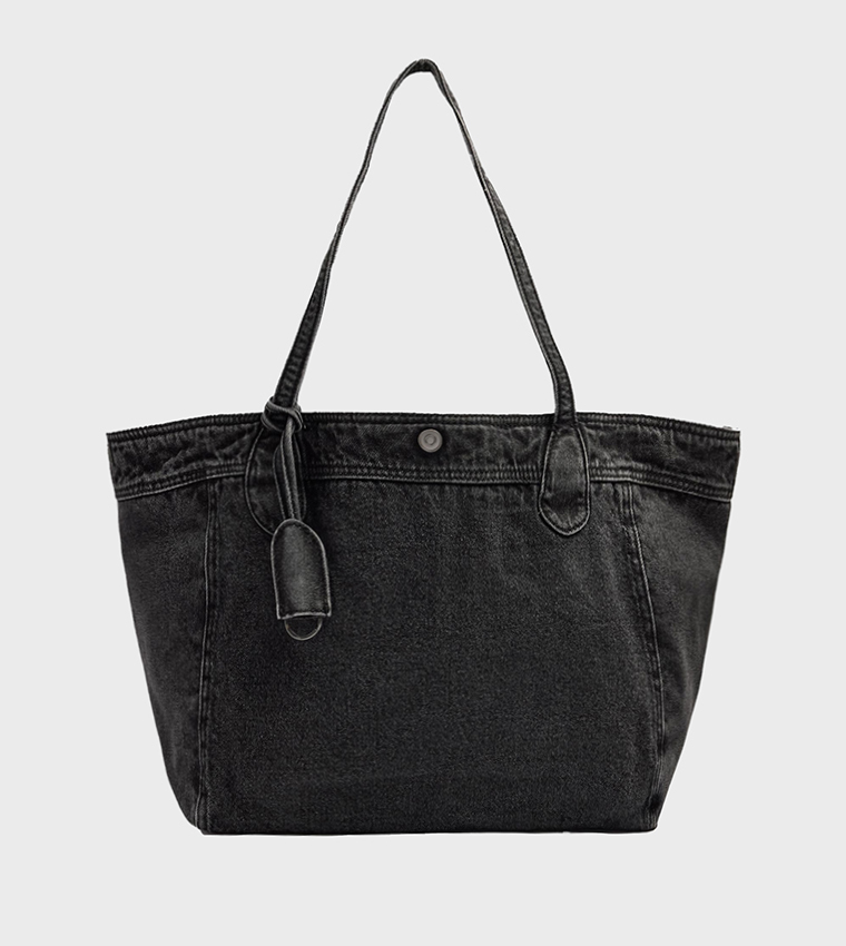Washed Snap Button Denim Tote Bag