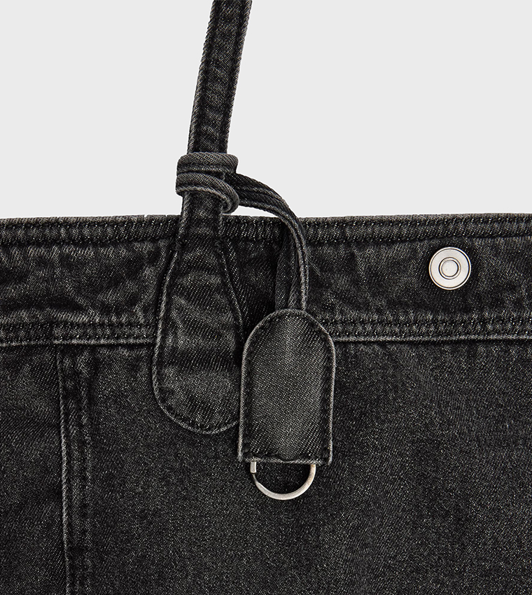 Washed Snap Button Denim Tote Bag