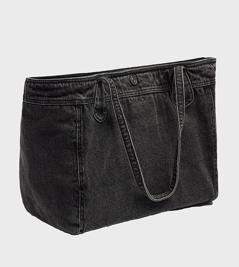 Washed Snap Button Denim Tote Bag