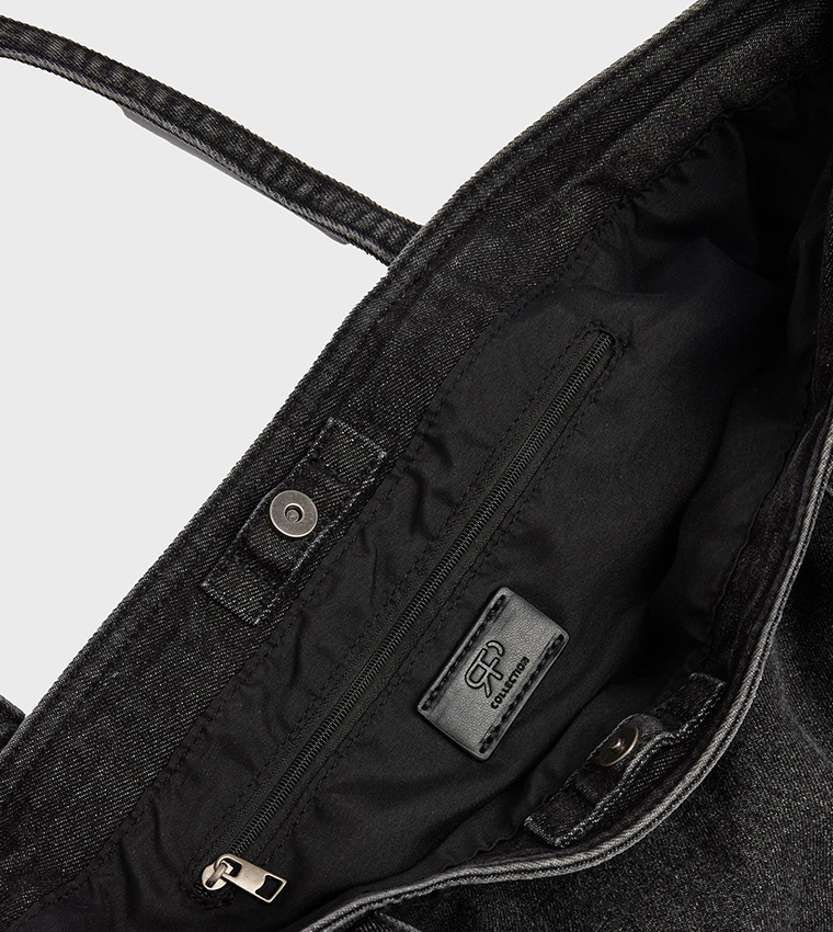 Washed Snap Button Denim Tote Bag