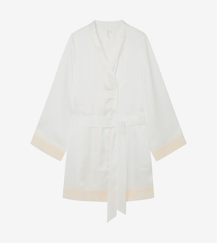 Lace Trim Long Sleeves Satin Kimono