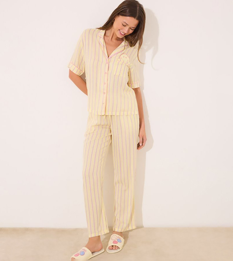 Striped Short Sleeves Satin Pyjama Set
