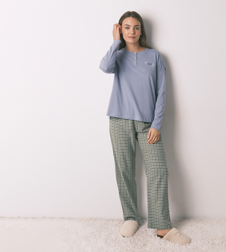 طقم بيجاما كاروهات بكم طويل 