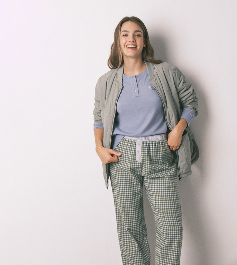 طقم بيجاما كاروهات بكم طويل 