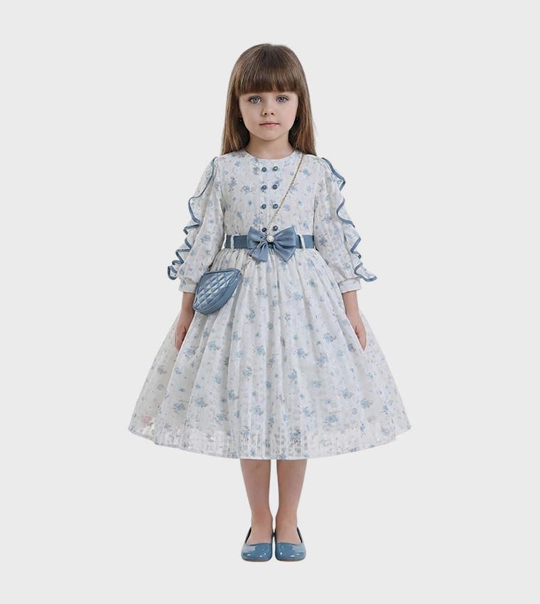 LIJAIN Floral Patterned Flared Dress with Bag
