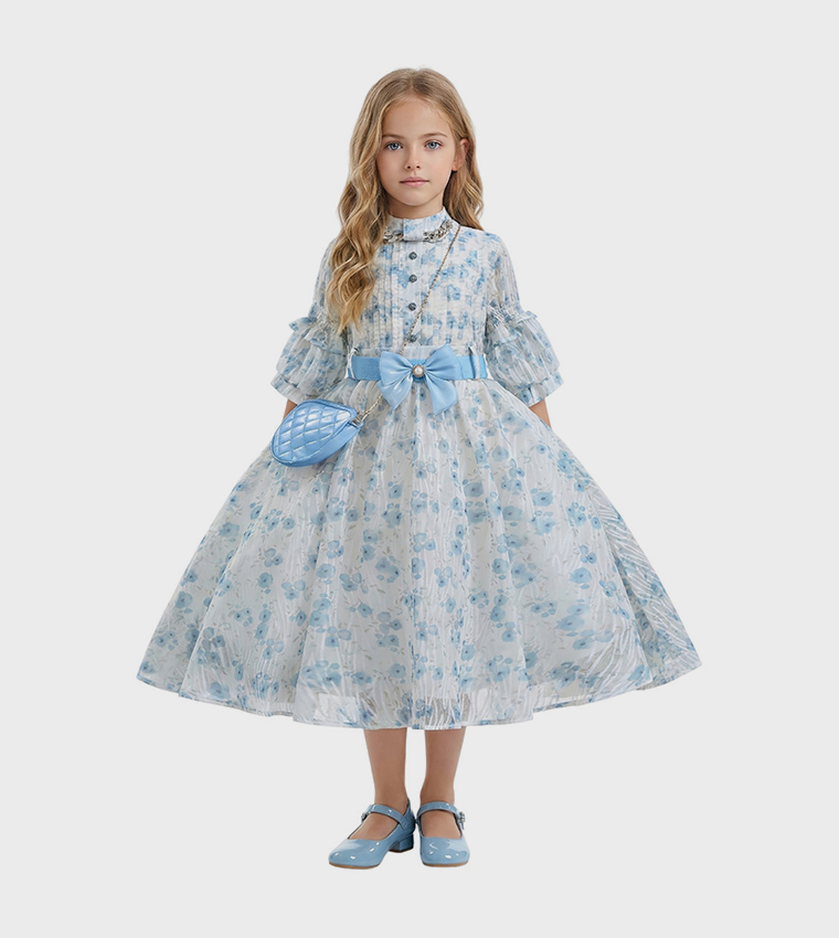 SAFA Floral Patterned Flared Dress with Bag