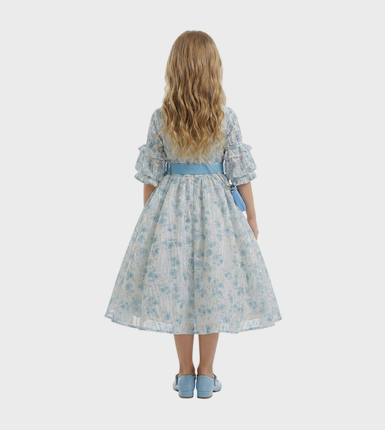 SAFA Floral Patterned Flared Dress with Bag