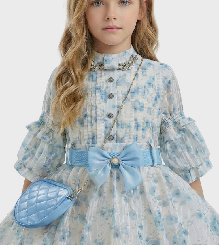SAFA Floral Patterned Flared Dress with Bag