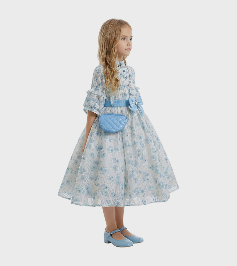 SAFA Floral Patterned Flared Dress with Bag