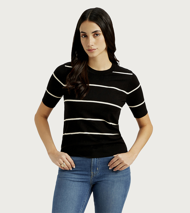 Striped Short Sleeves Knitted Top