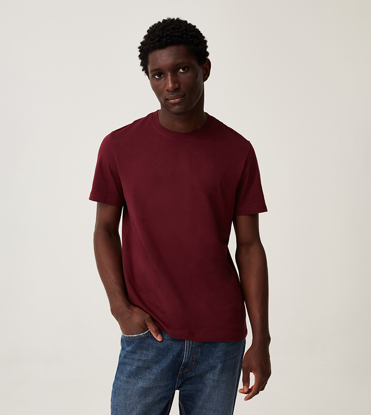 Buy OVS Solid Crew Neck Organic Cotton T Shirt In Maroon