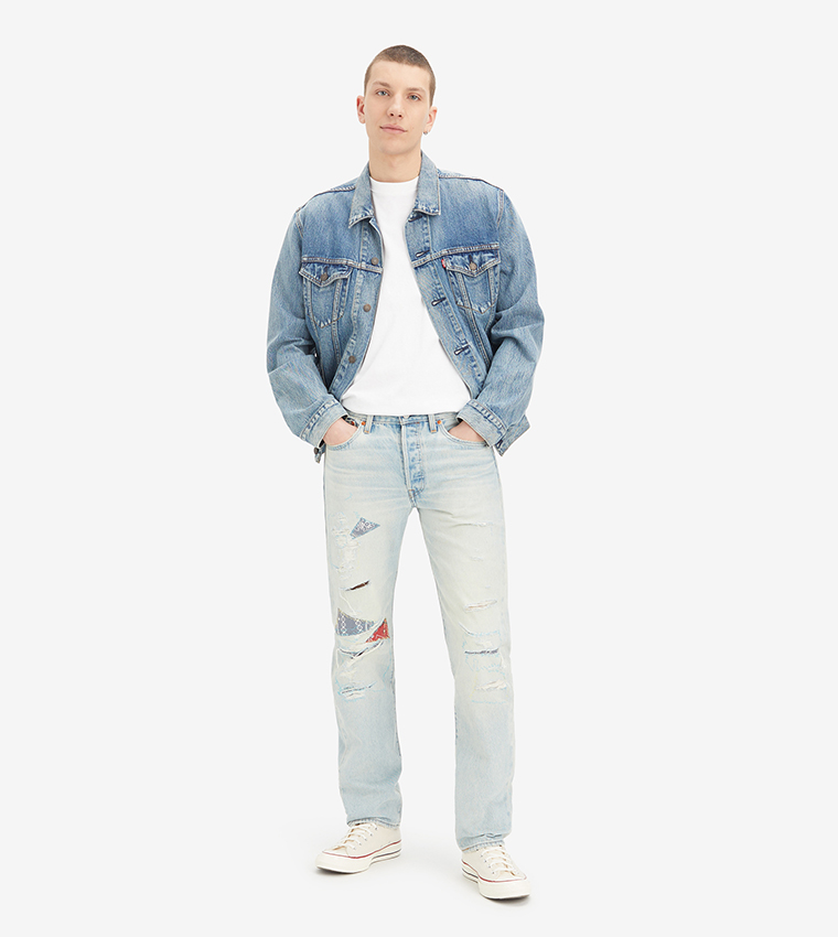 501 original medium wash color top block cropped jeans