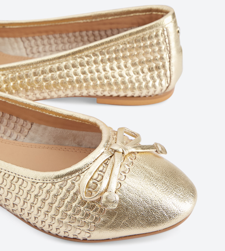 Buy Dune London Hennah Di Bow Details Woven Ballerinas Gold