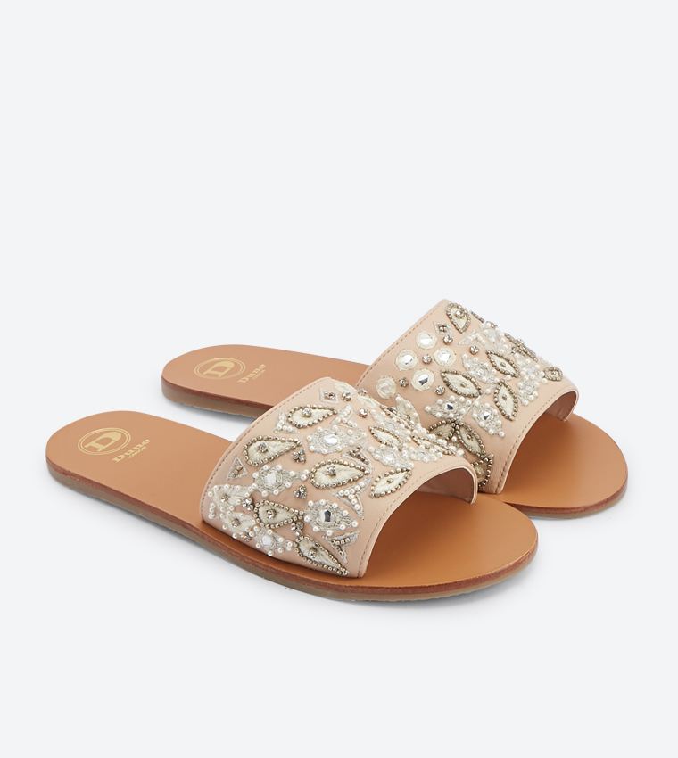 Lillow Di Embroidery Strap Details Slides - Pink