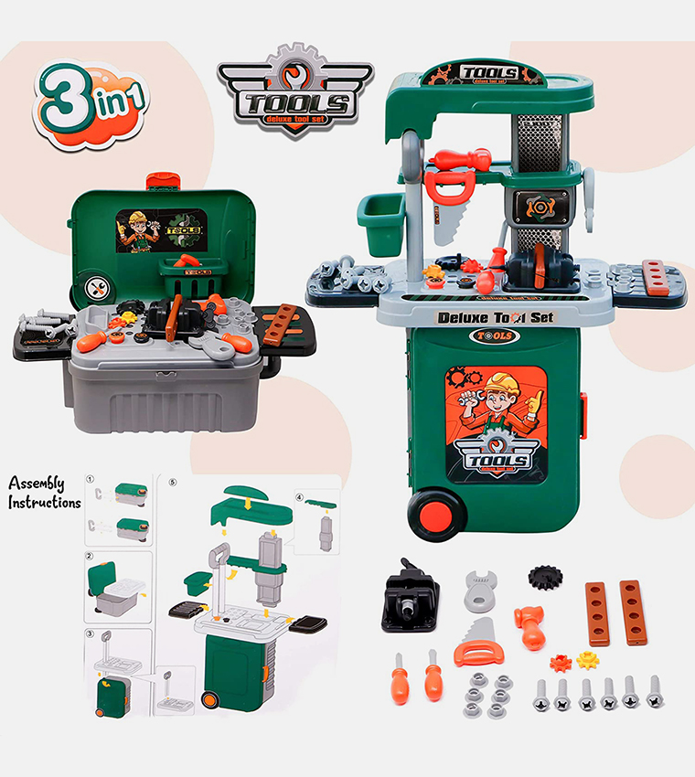 3 In 1 DIY Deluxe Tools Workbench Set Pretend Play Toy with Portable Trolley Toy Set