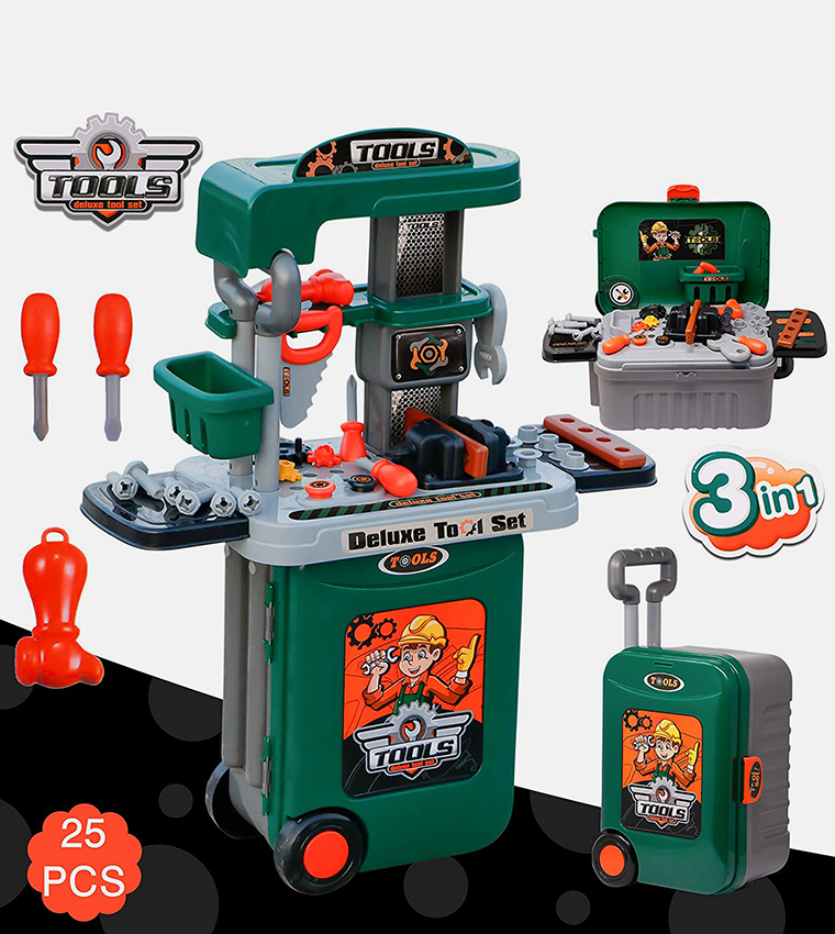 3 In 1 DIY Deluxe Tools Workbench Set Pretend Play Toy with Portable Trolley Toy Set